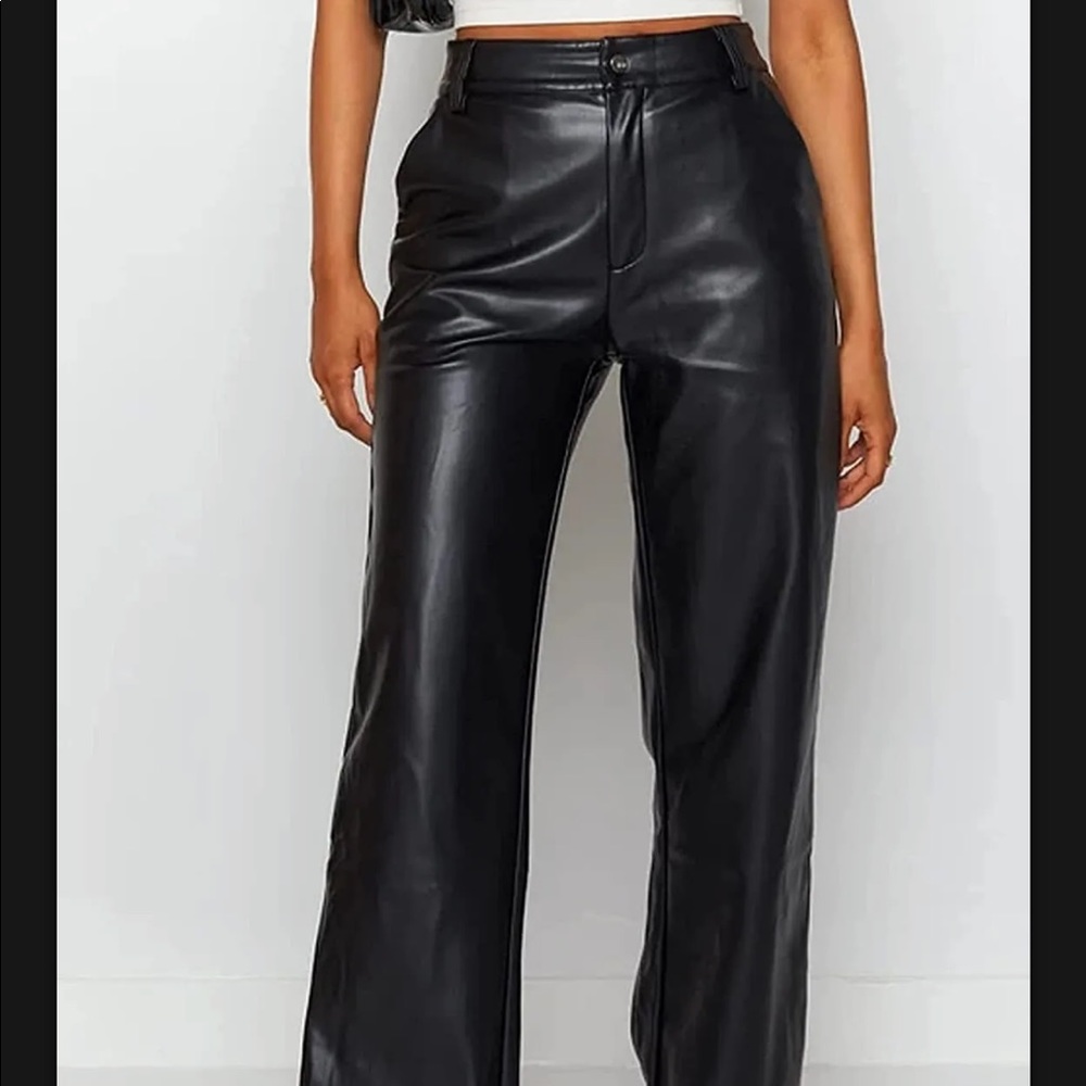 Women Faux Leather Pants Black High Waist Straight Wide Leg